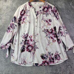 Maurices Women’s Floral Blouse XL White Purple Pink Roll Tab Sleeve Work Top